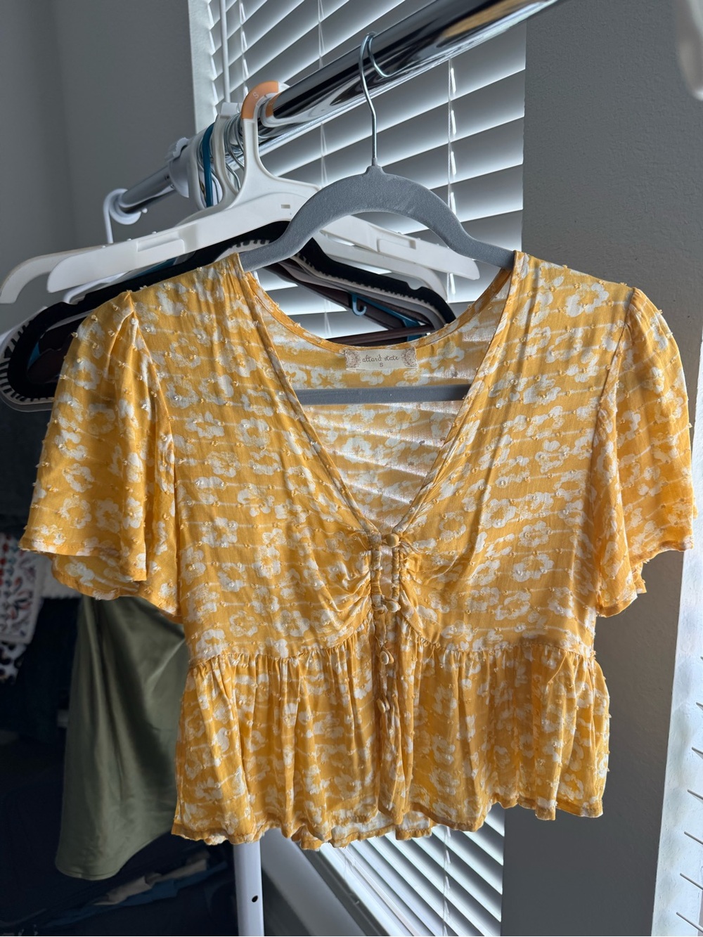 Yellow Floral Ruched V-Neck Women's Top